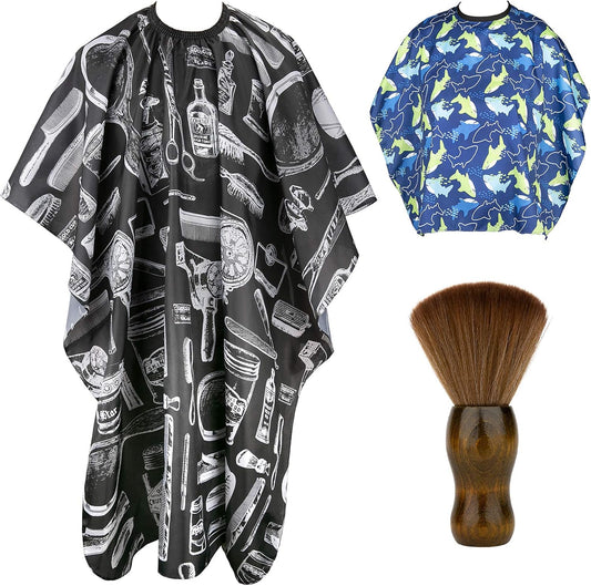 Himart hair cutting barber cape 3 piece set front view showing grey blue adult cape and child pattern cape