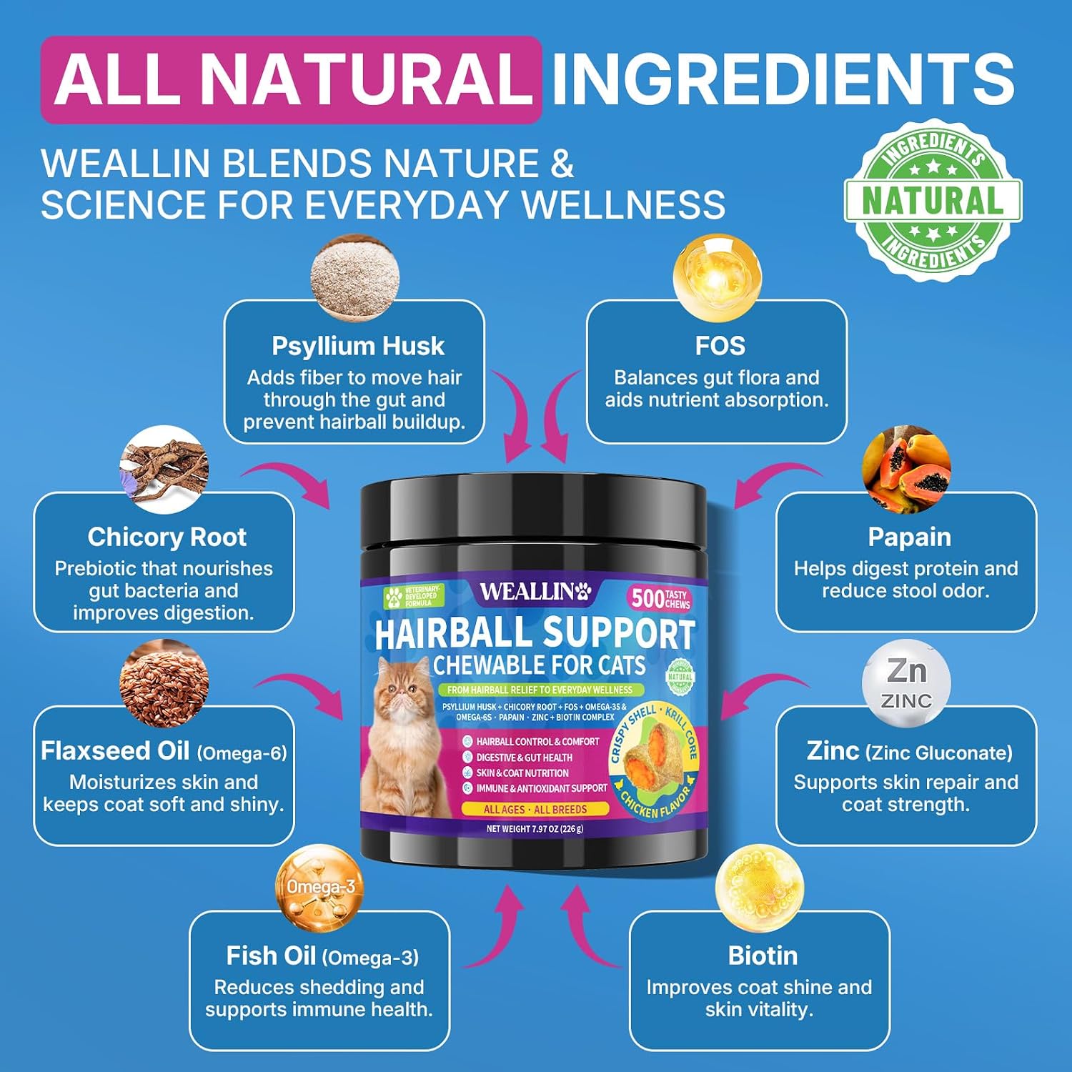 Premium USA imported feline hairball control chews with psyllium husk ingredients