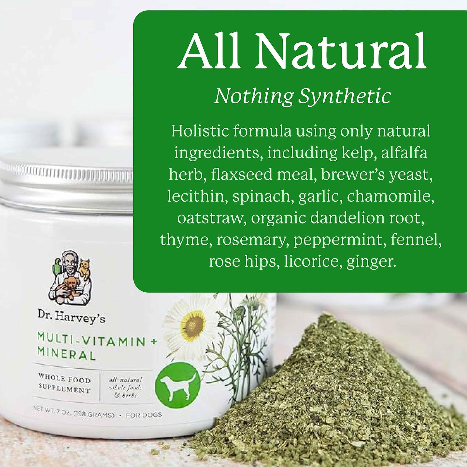 Dr. Harvey's herbal dog supplement powder texture and natural ingredients.