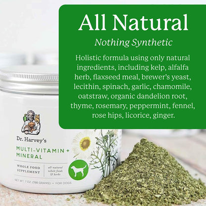Dr. Harvey's herbal dog supplement powder texture and natural ingredients.