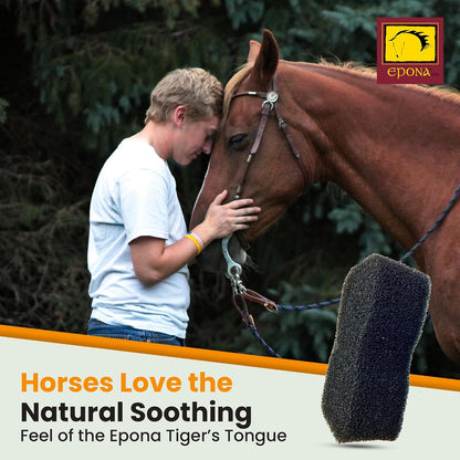 Epona flexible black grooming scrubber being used wet with shampoo during a horse bath.