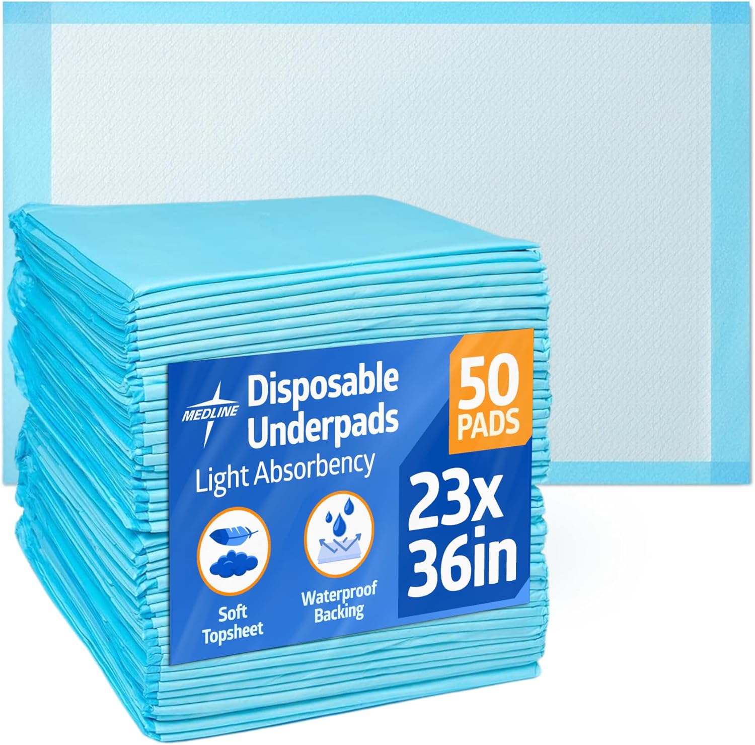 Medline light absorbency disposable underpads front view packaging showcasing fifty count protective bed sheets.