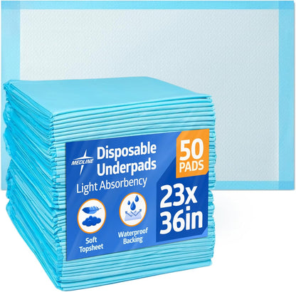 Medline light absorbency disposable underpads front view packaging showcasing fifty count protective bed sheets.