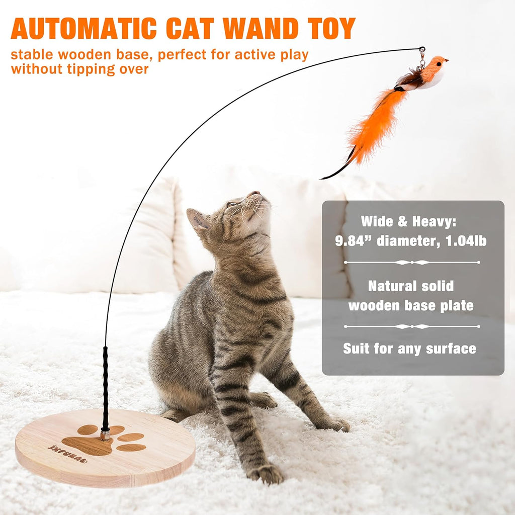 JXFUKAL automatic cat wand toy with interchangeable feather bird and butterfly attachments on the floor.