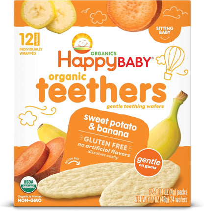 Happy Baby Organics Gentle Teething Wafers front packaging box showing sweet potato and banana flavor