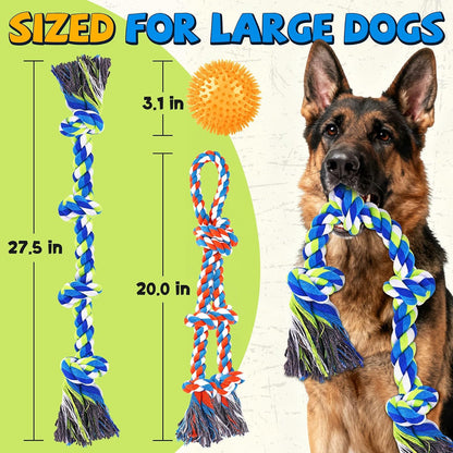 Large breed dog playing tug of war with an authentic PatsFran heavy duty rope toy