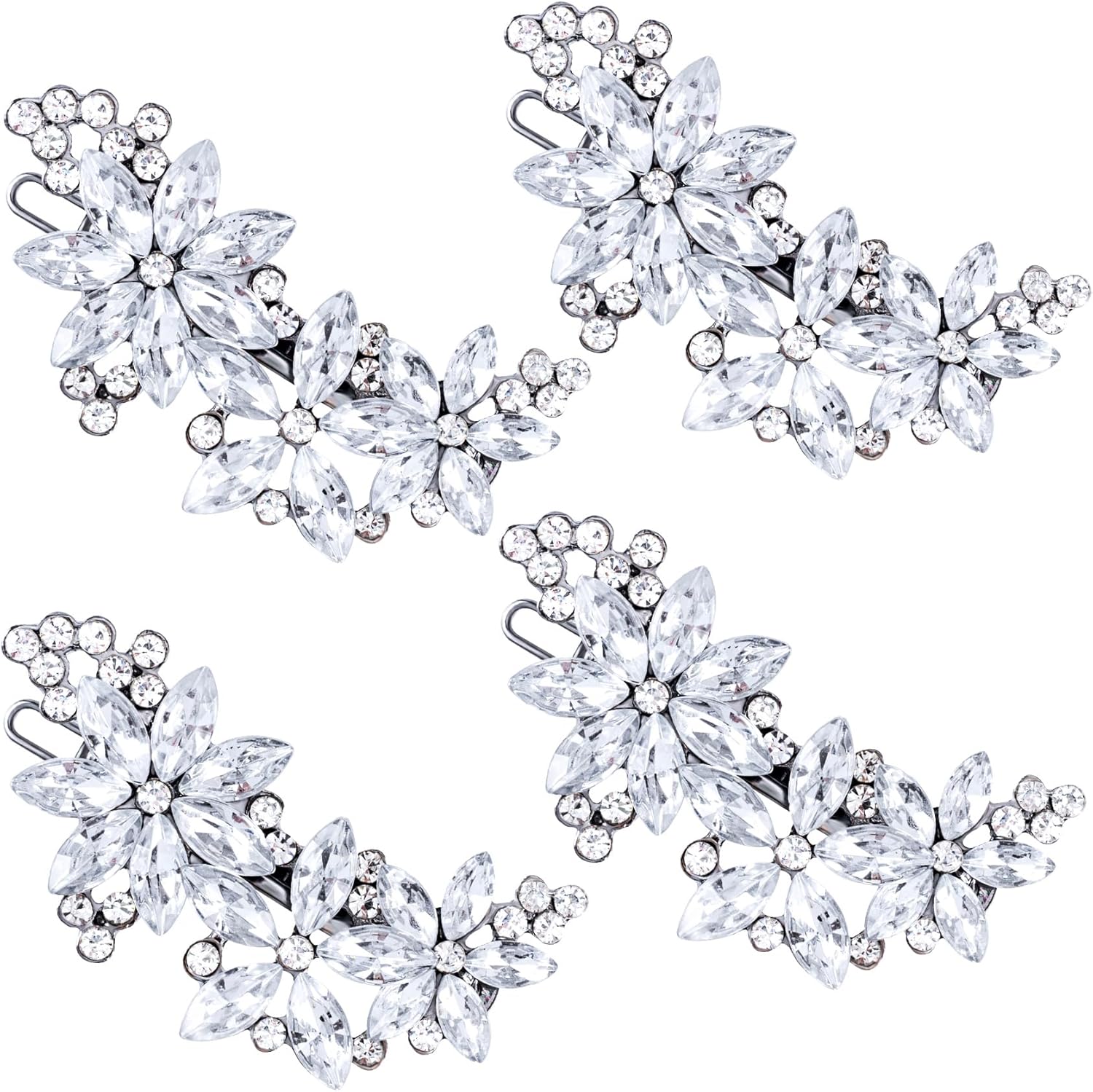 Isslly rhinestone flower hair clips front view showing sparkling silver crystal details
