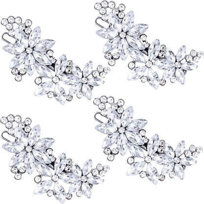 Isslly rhinestone flower hair clips front view showing sparkling silver crystal details