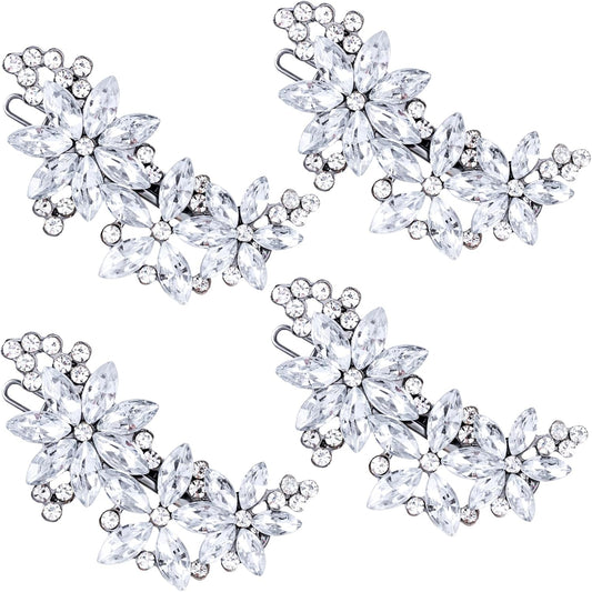 Isslly rhinestone flower hair clips front view showing sparkling silver crystal details