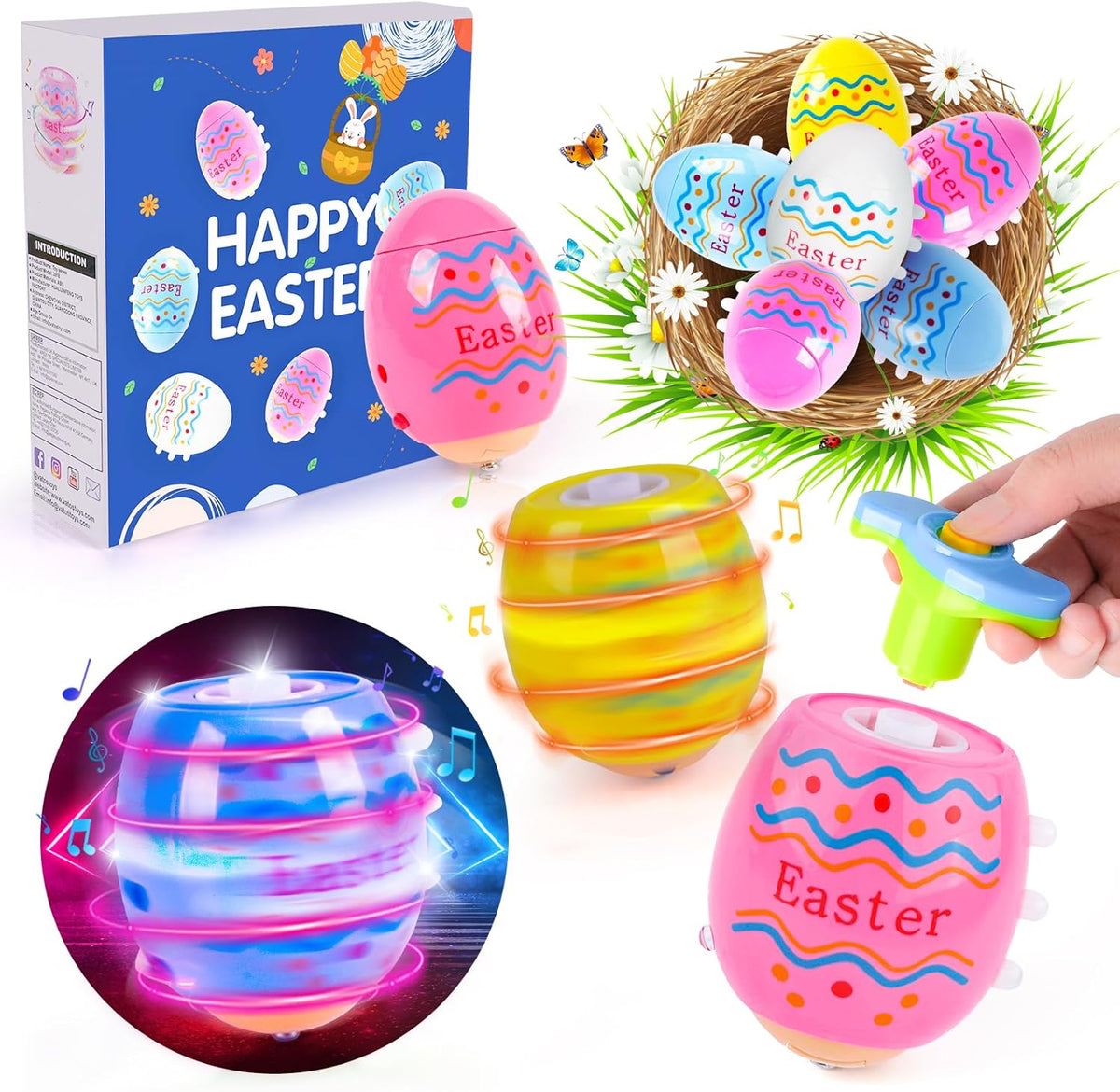 Terramus light up easter egg spinning top set front view