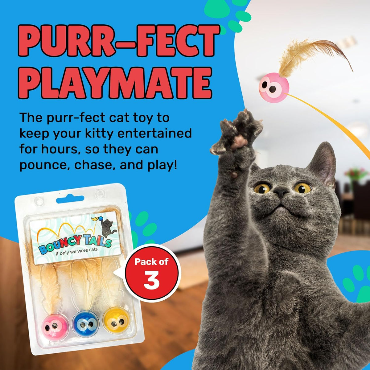 Bouncy Tails interactive cat toy showing close-up of feather texture.