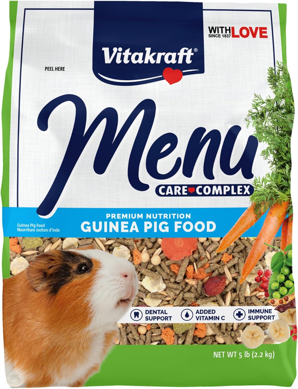 Vitakraft Menu Premium Guinea Pig Food front view of the five pound bag packaging.