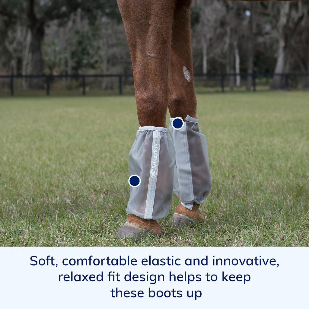 SmartPak horse fly boots showing the soft elastic top and bottom closures.