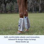 SmartPak horse fly boots showing the soft elastic top and bottom closures.