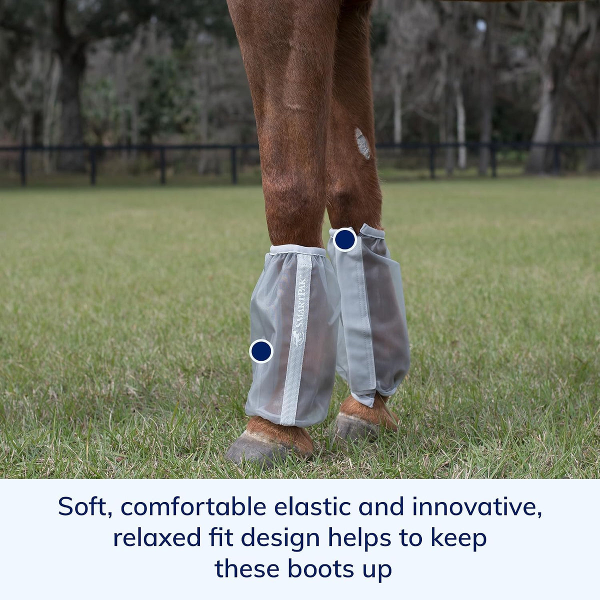 SmartPak horse fly boots showing the soft elastic top and bottom closures.