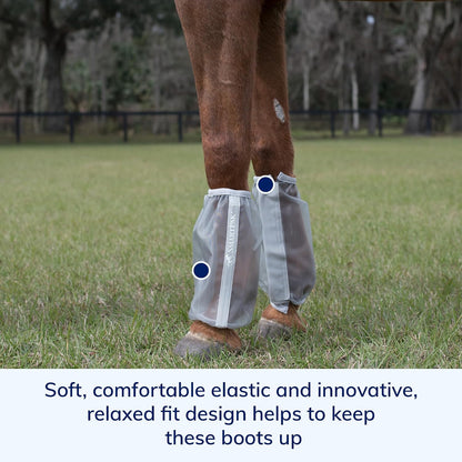 SmartPak horse fly boots showing the soft elastic top and bottom closures.