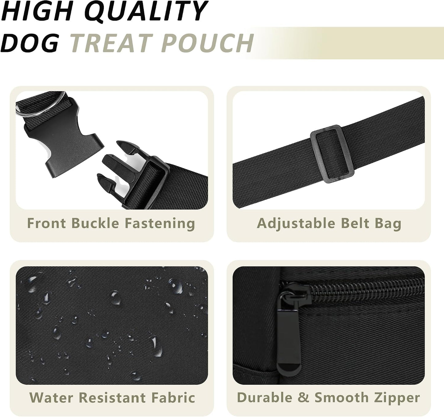 JRQCSJY black treat bag close up on the heavy-duty metal carabiner attachment for pet accessories.