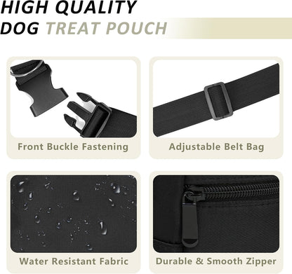 JRQCSJY black treat bag close up on the heavy-duty metal carabiner attachment for pet accessories.