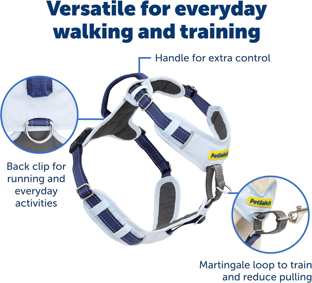 Side profile of medium blue no-pull dog harness