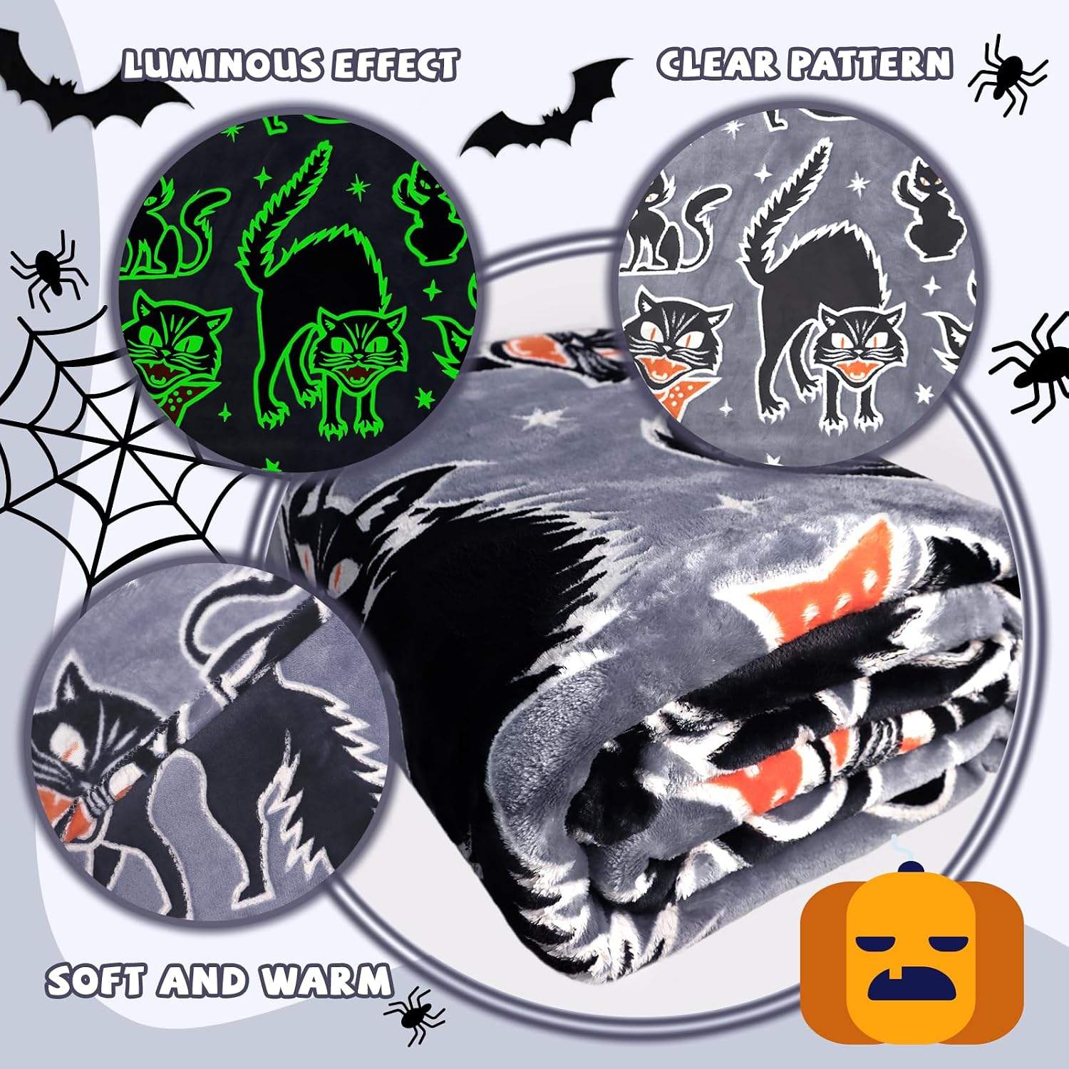Luminous spooky cat blanket illuminating brightly inside a dark bedroom setting.