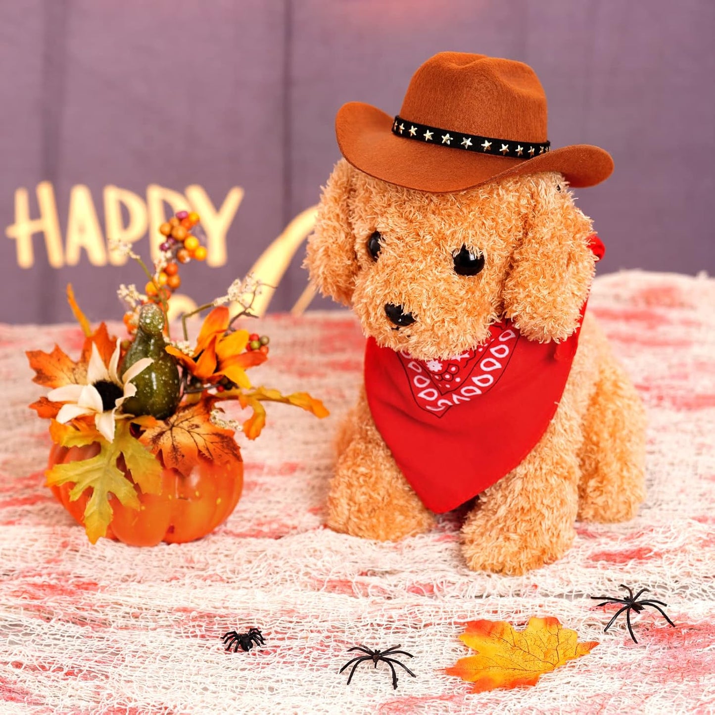 Side view of small dog wearing imported retro Western pet apparel set.