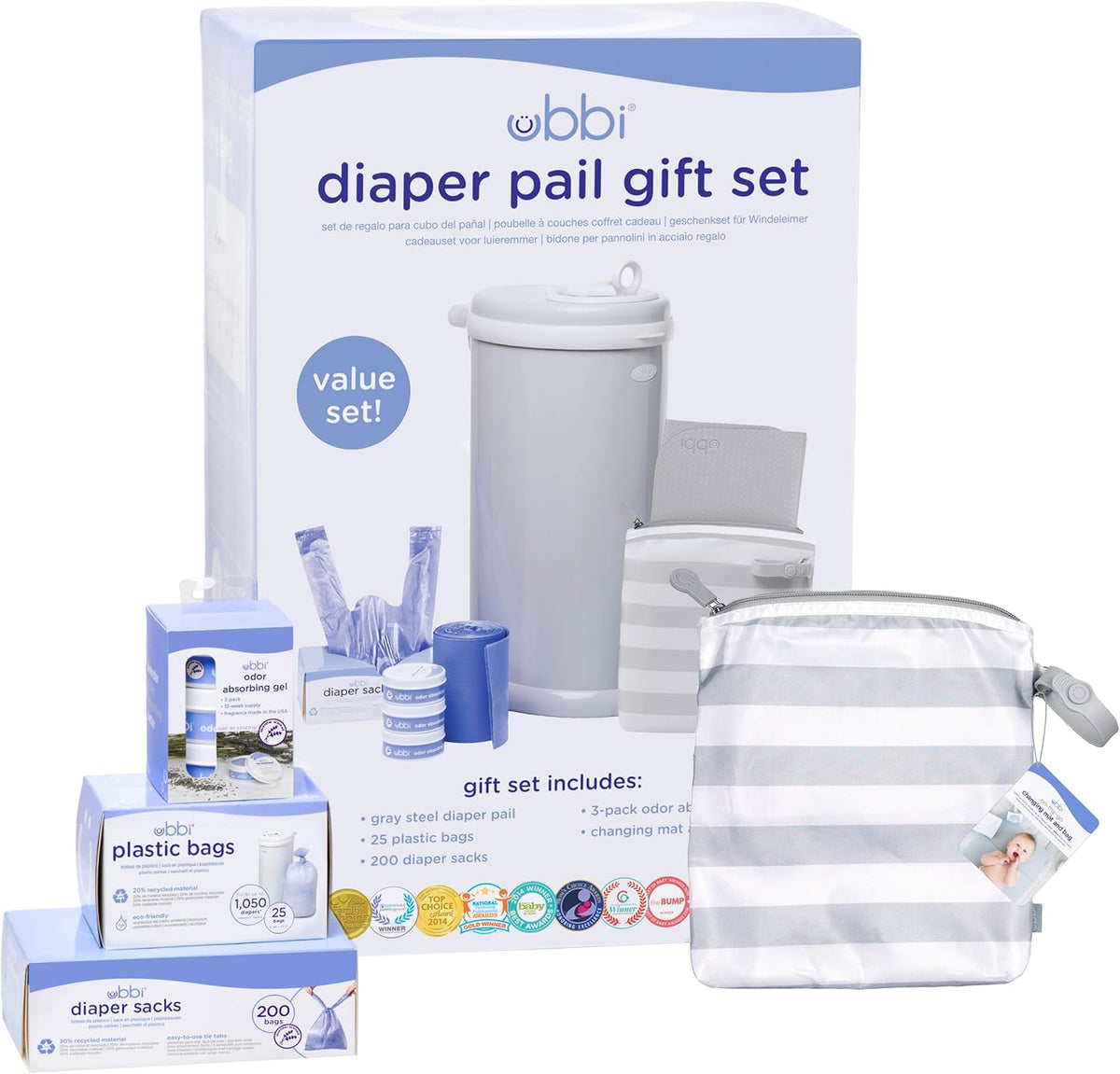 Ubbi diaper changing value gift set grey front view