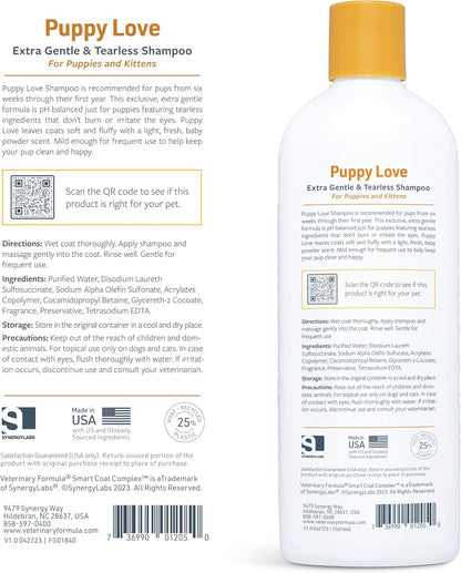 Usage of Veterinary Formula tear-free shampoo on a puppy