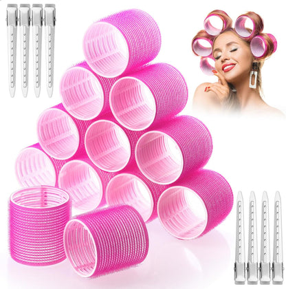 Acejoz jumbo hair curlers rollers front view of rose red self grip styling set