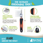 Ergonomic non slip rubber handle detail on a premium cat and dog dematting brush.