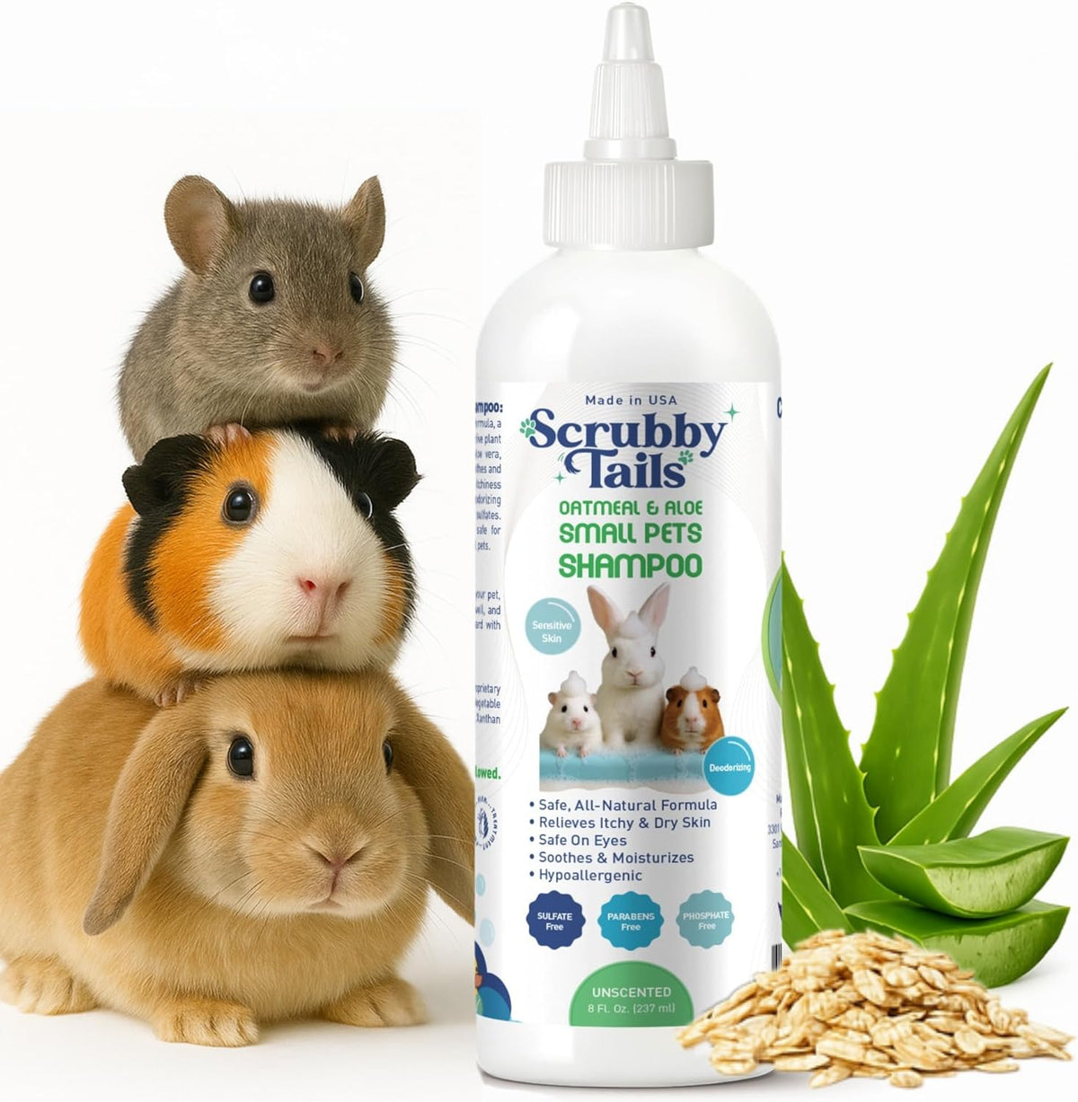 Scrubby Tails Natural Oatmeal and Aloe Vera Small Pets Shampoo front view bottle for sensitive skin pet washing.