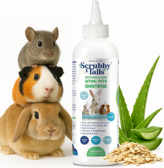 Scrubby Tails Natural Oatmeal and Aloe Vera Small Pets Shampoo front view bottle for sensitive skin pet washing.