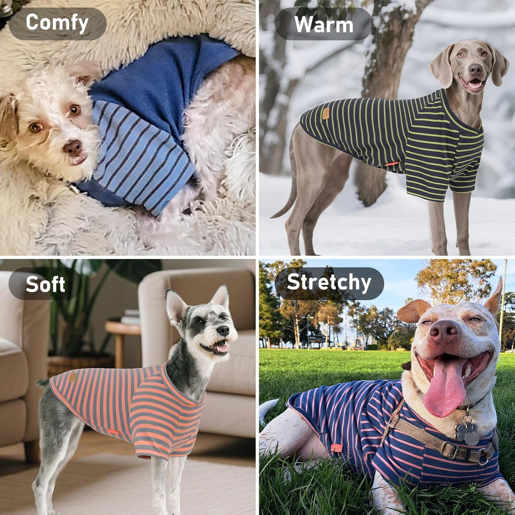 Stretchy pullover pet clothes in blue stripes texture close up view