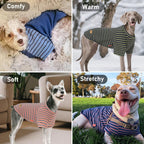Stretchy pullover pet clothes in blue stripes texture close up view