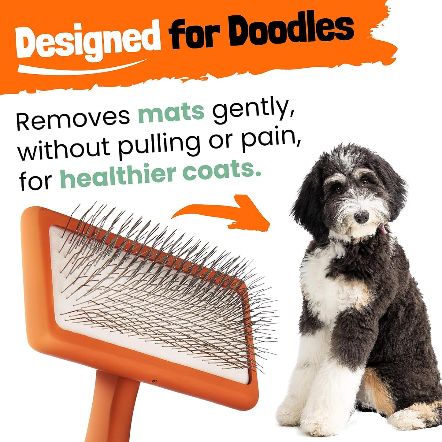 Orange curved doodle brush showing long angled stainless steel pins