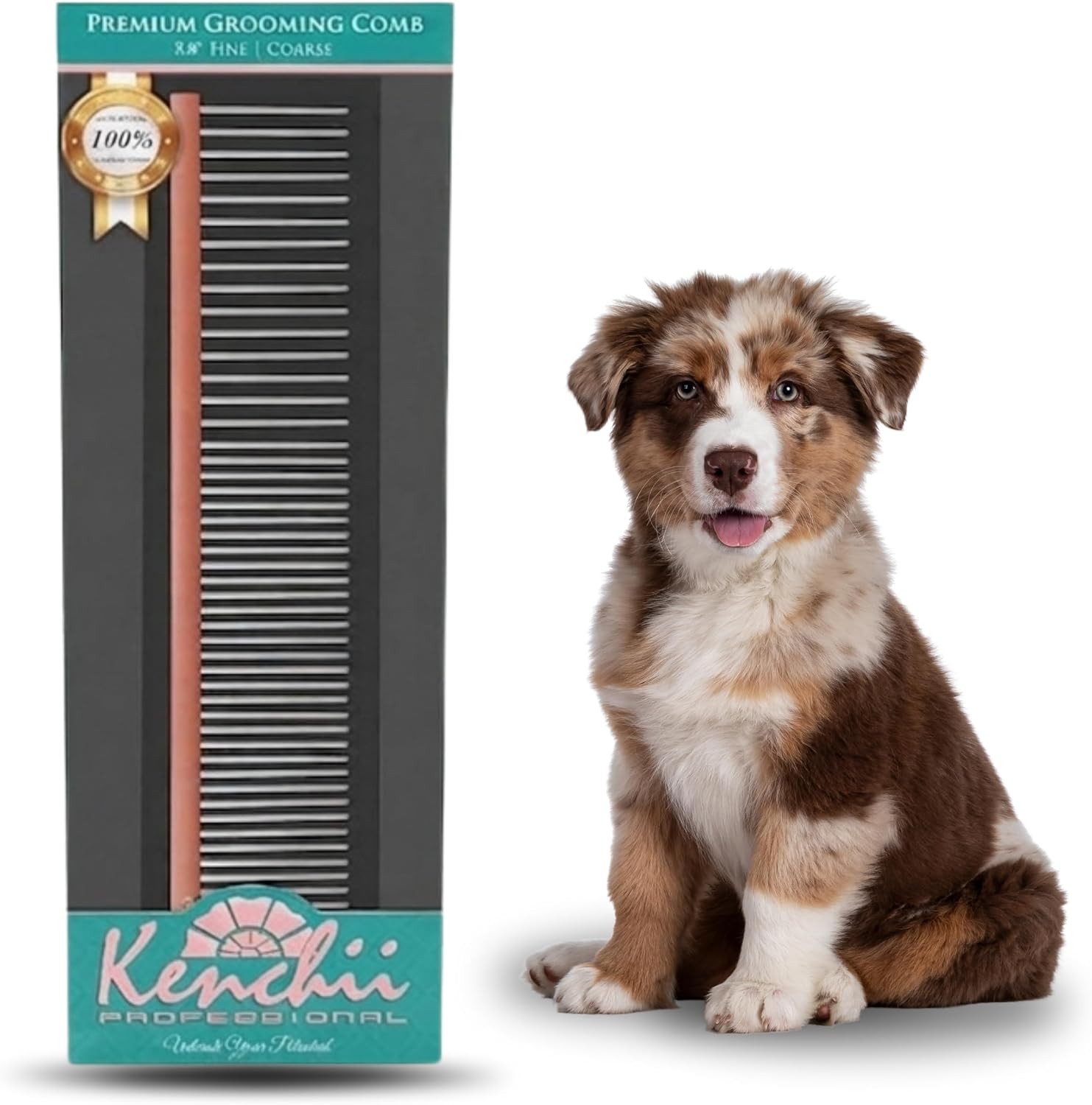 Kenchii rose gold fine and coarse pin pet styling comb resting on a white surface.