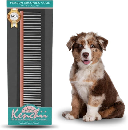Kenchii rose gold fine and coarse pin pet styling comb resting on a white surface.