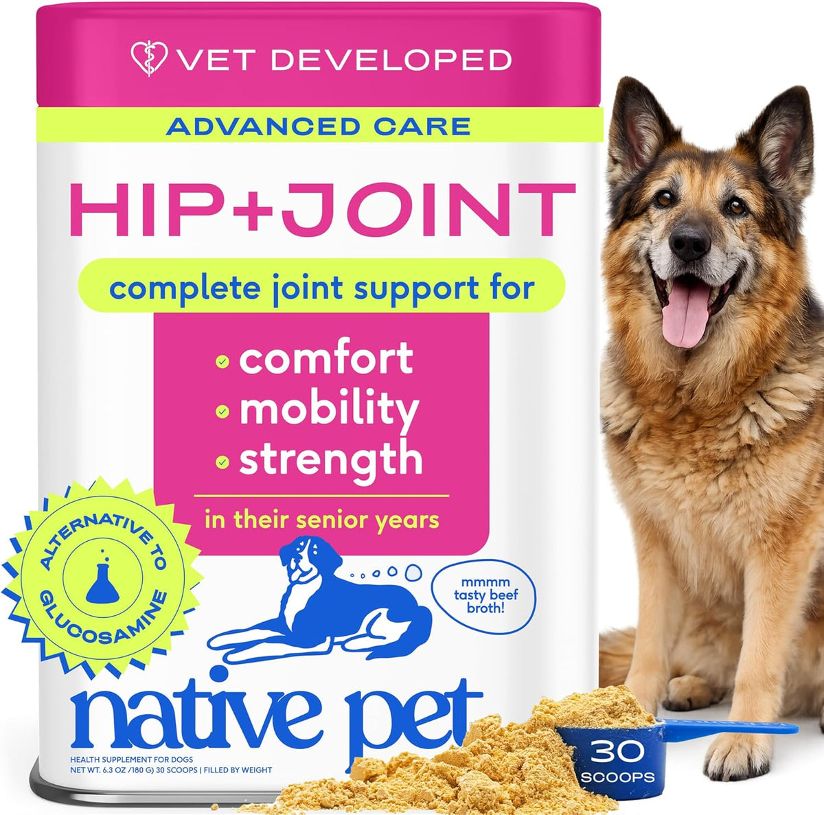 Native Pet Hip and Joint Advanced Care powder container front view