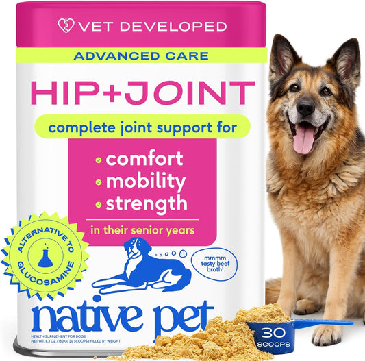 Native Pet Hip and Joint Advanced Care powder container front view