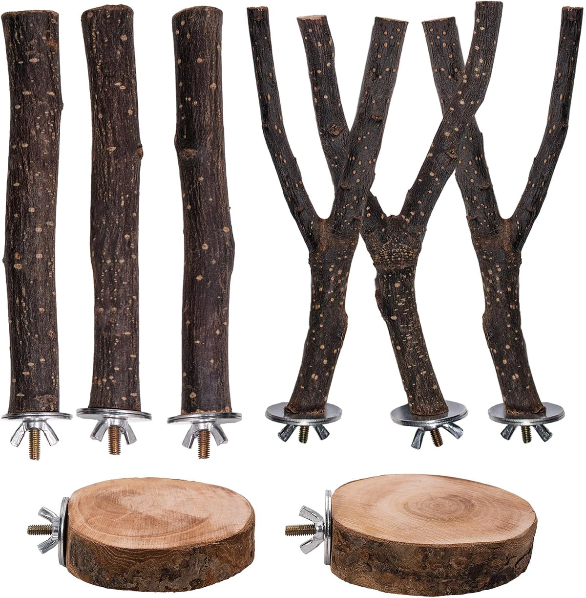 8PCS Bird Perches Set Natural Apple Wood Bird Cage Accessories Wooden Parrot Stand Hardwood Branches for Parakeets, Budgies, Cockatiels Small Bird Habitat Gym, Climbing Stand & Safe Chew Toys - Image 1