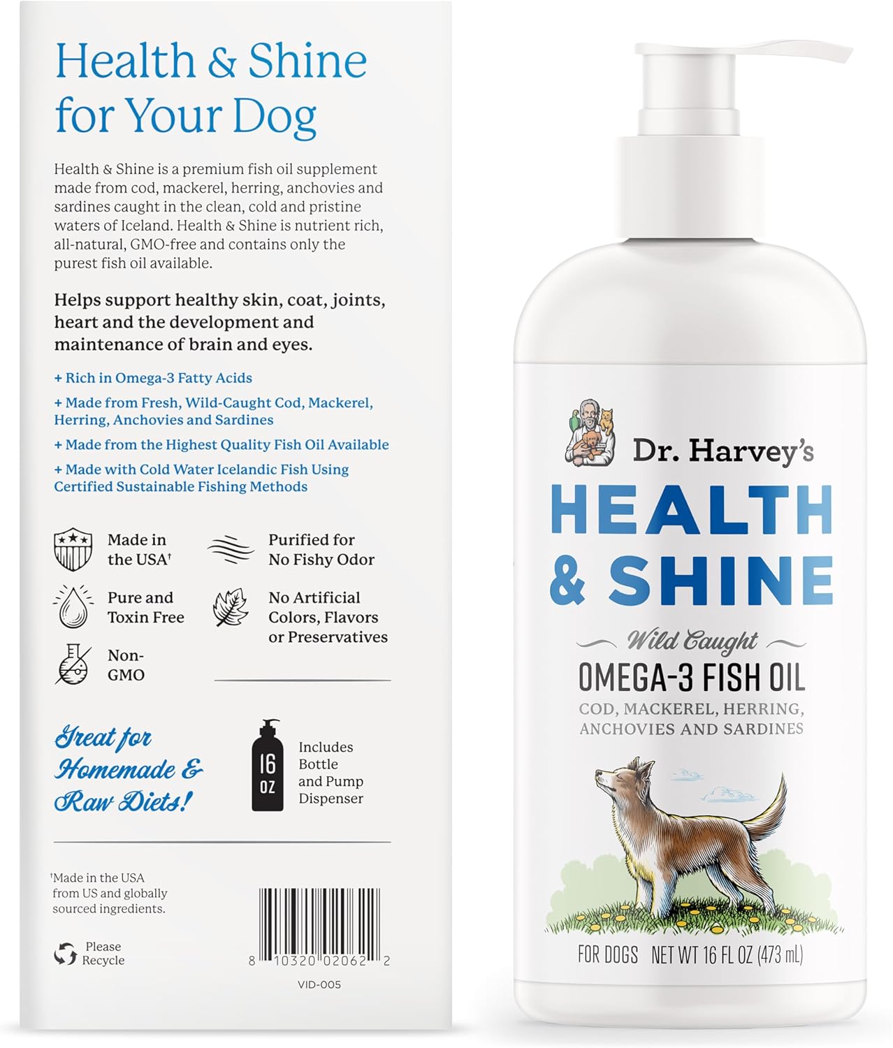 Pure Icelandic sourced omega three liquid supplement for healthy shiny dog fur