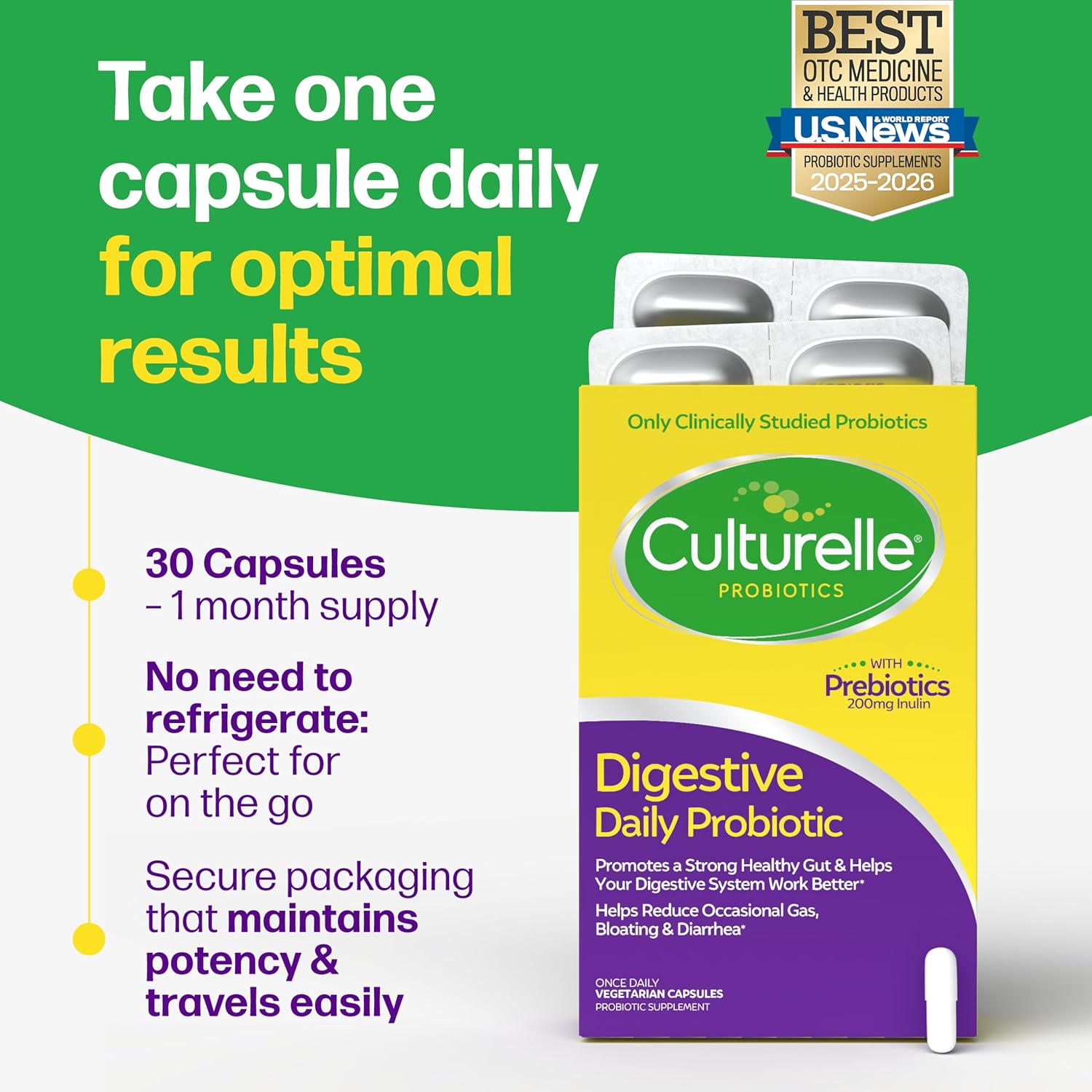 Culturelle probiotic 30 count blister pack container demonstrating travel friendly no refrigeration storage