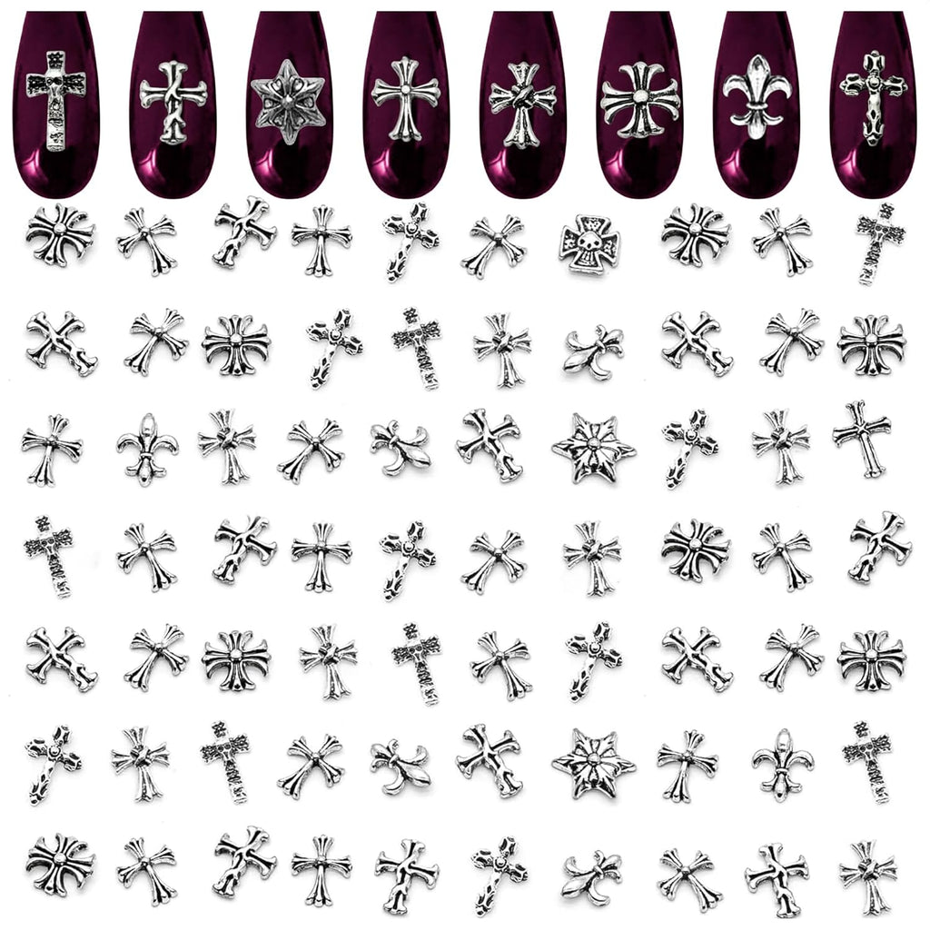 Zoklu 3D silver cross nail charms front view showcasing vintage gothic design