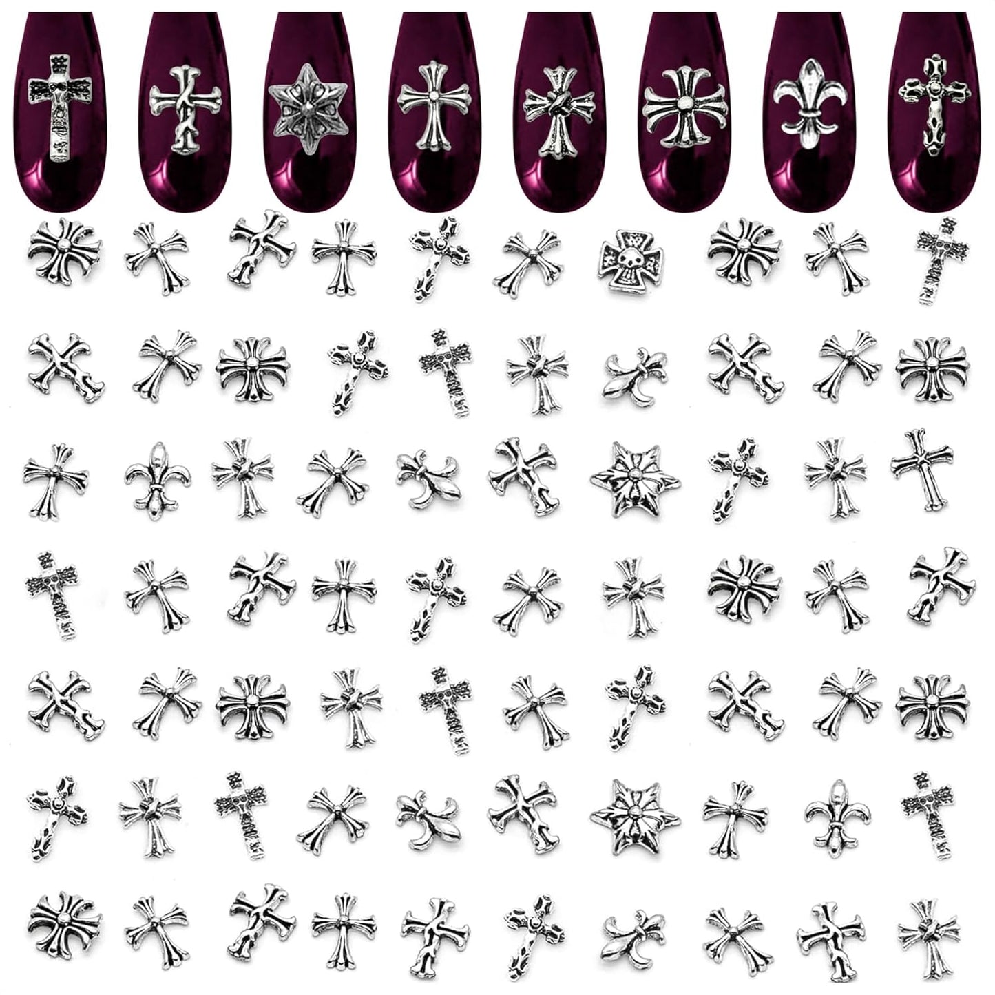 Zoklu 3D cross nail charms package front view showcasing assorted silver gothic styles for manicure decorations.