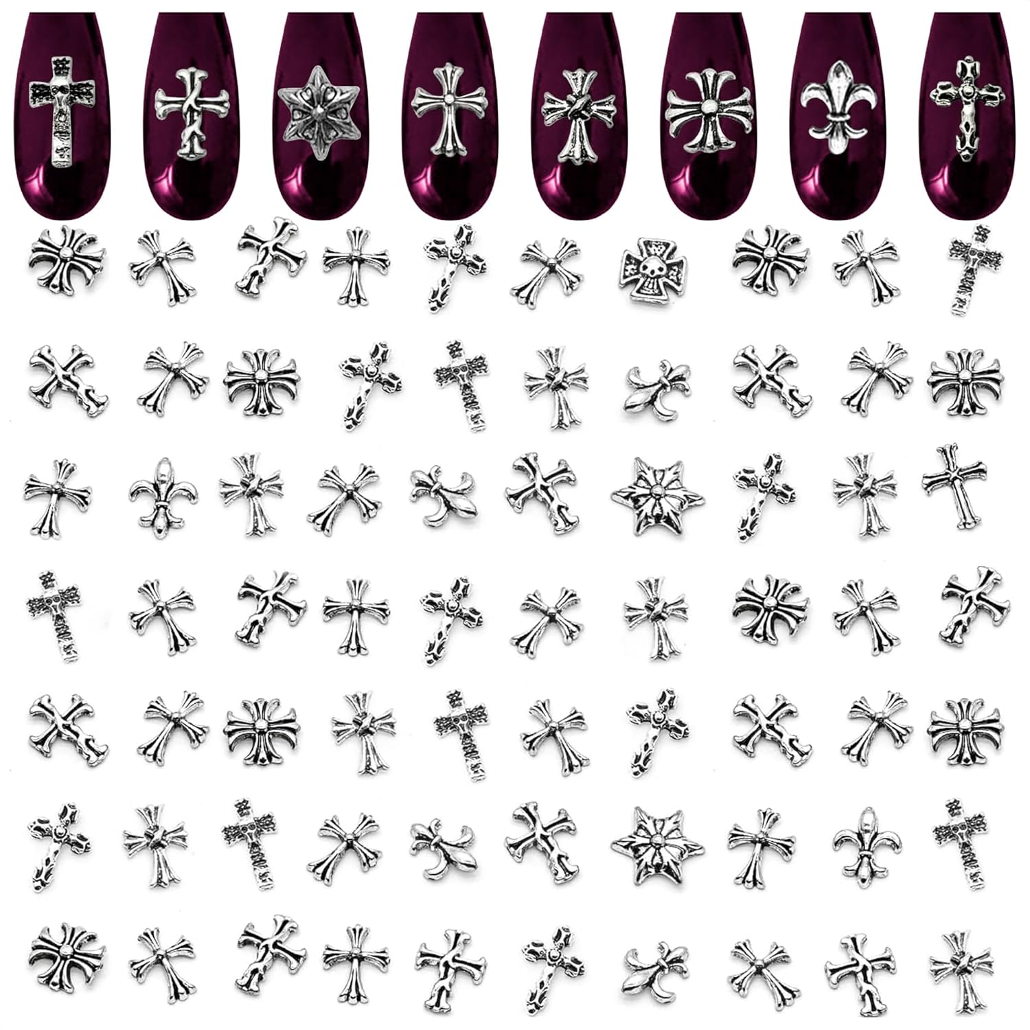 Zoklu 3D cross nail charms package front view showcasing assorted silver gothic styles for manicure decorations.