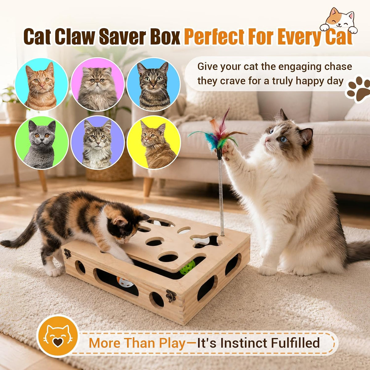 Cat Scratch Puzzle Enrichment Box, Wooden Interactive Toy for Indoor Cat - Image 7