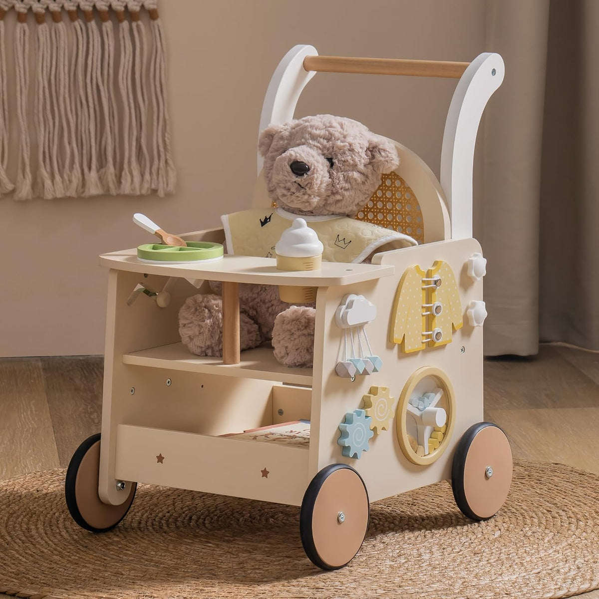 Robotime wooden baby walker front view with activity center