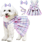 Dog Dress Bowknot Harness Leash Set for Small Dogs Girl Cute Plaid Dog Dress Pearls Bow Tie Spring Summer Princess Clothes Birthday Holiday Doggie Outfits for Puppy Cats Girl Apparel (Black, Small) - Image 14