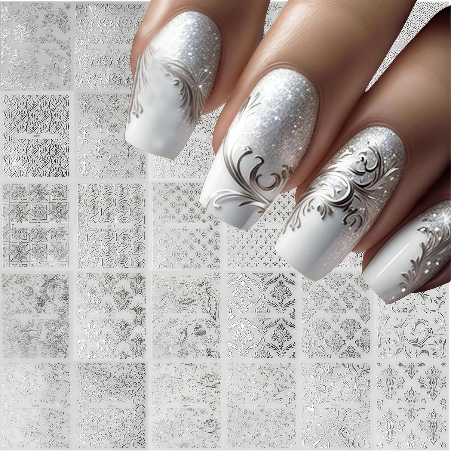 Hoxieya silver lace nail stickers set front view