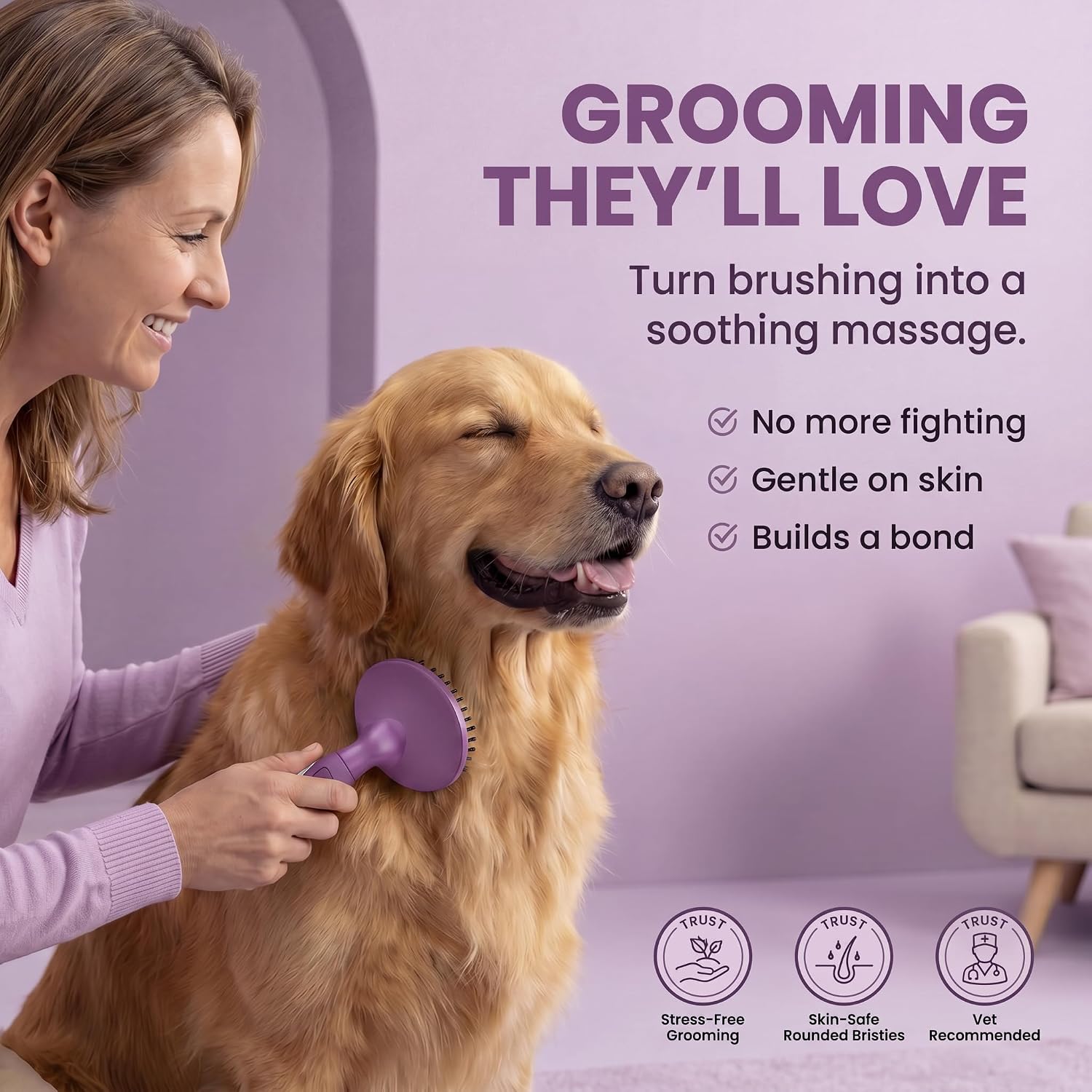 Poodlie gentle cat grooming brush with ergonomic rubber grip