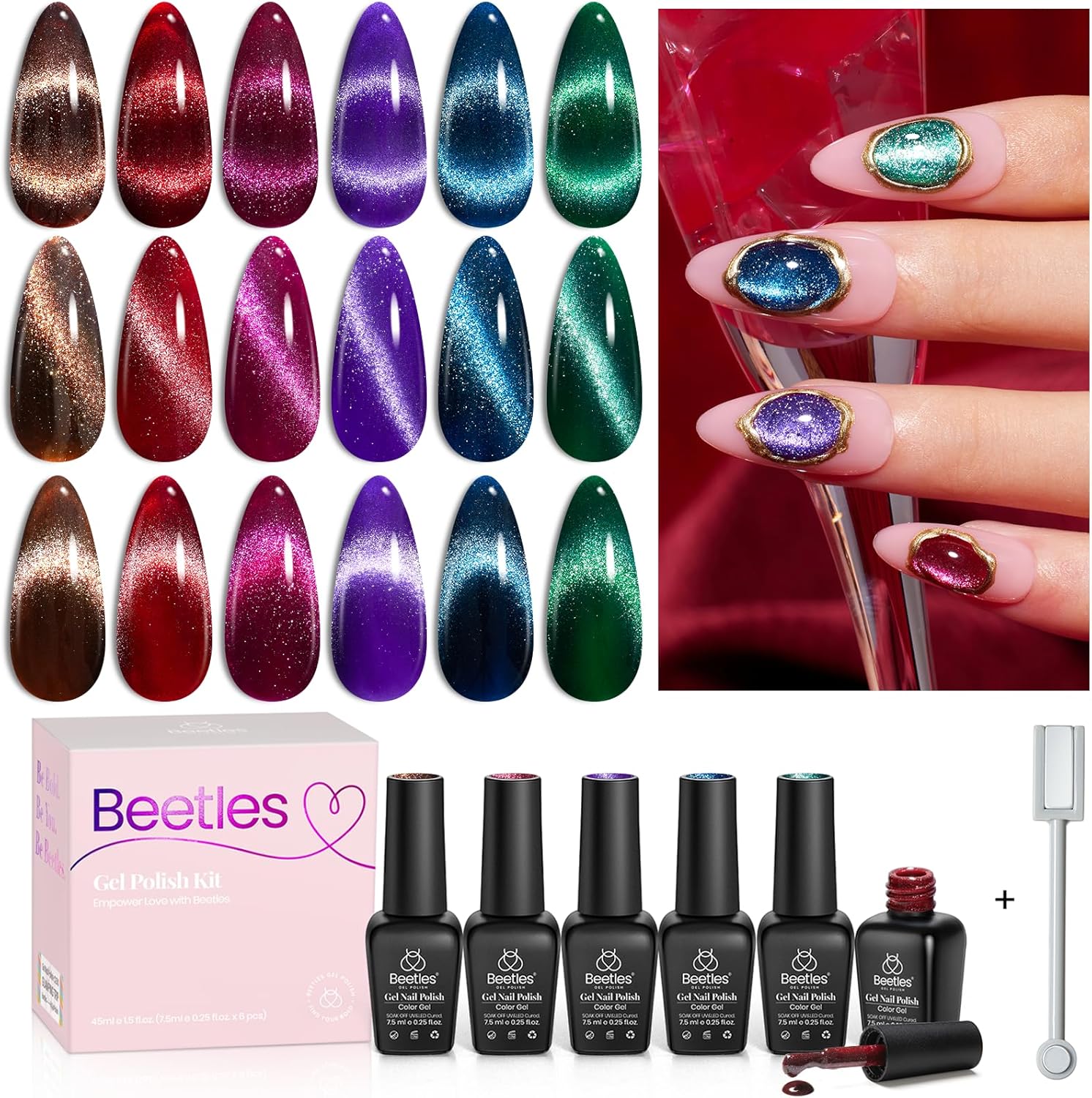Beetles Cat Eye Sparkle 6 Colors Gel Polish Set front view
